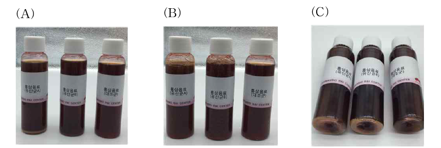 Red ginseng drink with freeze-dried W. cibaria JW15 A, stable state; B, after shking; C, settle to the bottom