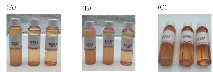 Collagen drink with freeze-dried W. cibaria JW15 A, stable state; B, after shking; C, settle to the bottom