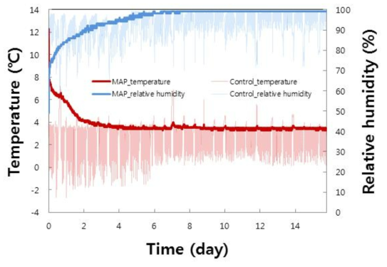 딸기 MA포장 내부의 온도와 습도 변화
