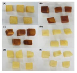 Appearance of thawed peach(Daeokkye) through the steam pre-treatments (A)Fresh, (B)Control, (C)SB1, (D)SB3, (E)SB5, (F)SB10 Control : Thawed peach without blanching, SB1, 3, 5, 10 : Thawed peach with steam blanching for 1, 3, 5, 10 min