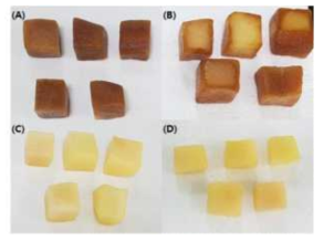 Appearance of thawed peach(Daeokkye) through the soaking pre-treatments (A)DW, (B)S, (C)AAS, (D)ACS DW : Pretreatment as soaking in water, S : Pretreatment as soaking in a sucrose solution, AAS : Pretreatment as soaking in a ascorbic acid and sucrose solution, ACS : Pretreatment as soaking in a ascorbic acid, calcium chloride and sucrose solution