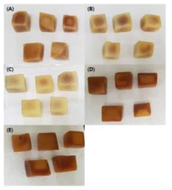 Appearance of thawed peach(Daeokkye) through the blanching and high-pressure pre-treatments (A)B30, (B)B60, (C)B120, (D)200Mpa, (E)300Mpa B30, 60, 120 : Pretreatment as blanching in hot water for 30, 60, 120 sec. 200, 300 MPa : Pretreatment as high-pressure at 200, 300 MPa