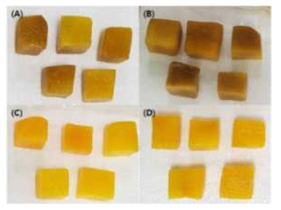 Appearance of thawed peach(Hwangdo) through the soaking pre-treatments (A)DW, (B)S, (C)AA+S, (D)ACS DW : Pretreatment as soaking in water, S : Pretreatment as soaking in a sucrose solution, AAS : Pretreatment as soaking in a ascorbic acid and sucrose solution, ACS : Pretreatment as soaking in a ascorbic acid, calcium chloride and sucrose solution