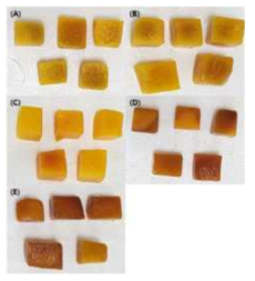 Appearance of thawed peach(Hwangdo) through the blanching pre-treatments (A)B30, (B)B60, (C)B120, (D)200Mpa, (E)300Mpa B30, 60, 120 : Pretreatment as blanching in hot water for 30, 60, 120 sec. 200, 300 MPa : Pretreatment as high-pressure at 200, 300 MPa