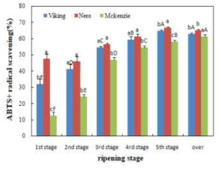 ABTS radical scavenging activity of aronia by varieties and harvest stages a-c Means with different superscripts within the varieties raw are significantly different.(p<0.05) A-F Means with different superscripts within the ripening stages column are significantly different.(p<0.05)