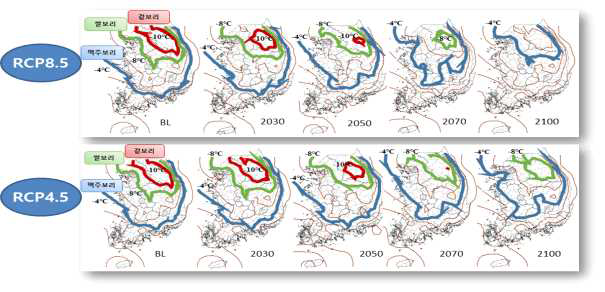 기후변화 시나리오에 따른 맥종별 지역별 한계온도 분포지도