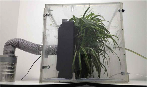 Photograph depicting experimental testing apparatus used to expose the modular botanical air biofilter to a single pulse event of particular matter