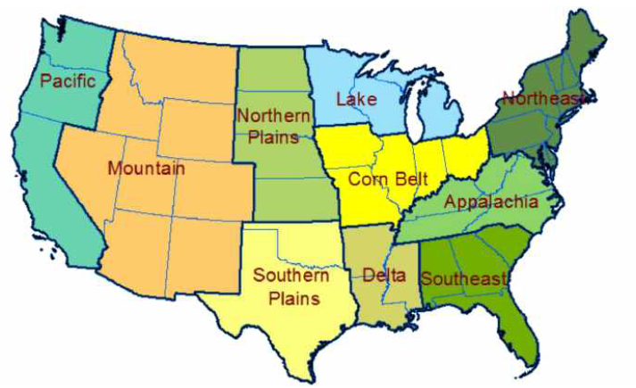 USDA farm production regions used in FEST-C simulations