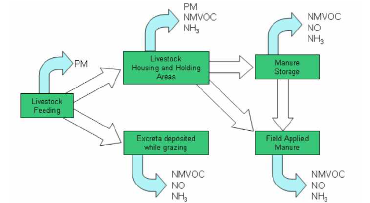 Process scheme for emissions resulting from livestock feeding, livestock excreta and manure management