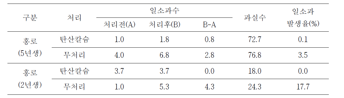 탄산칼슘 처리 일소과 발생비율