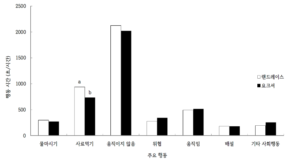 랜드레이스와 요크셔 검정돈의 주요 행동 지속시간 비교