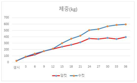 암컷과 수컷의 체중측정 결과값 비교