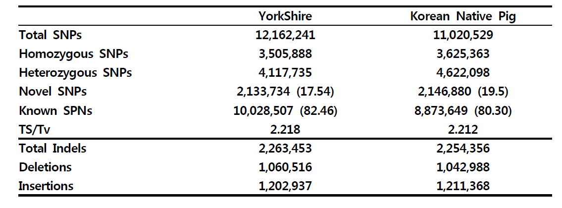 요크셔 및 재래돼지의 변이정보 요약