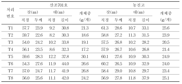 배지조성별 자실체 주요특성