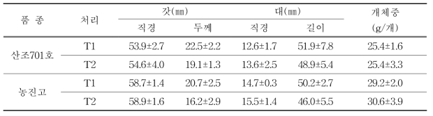 진천 B 실증농가에서의 배지조성에 따른 자실체 생육