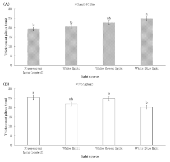 혼합광에 따른 품종별 갓두께. (A) ‘Sanjo701ho’; (B) ‘Nonjingo’. Means with different letters on the bars are significantly different by Duncan`s multiple range test (p<0.05)