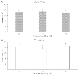 상대습도에 따른 품종별 황색도. (A) ‘Sanjo701ho’; (B) ‘Nonjingo’. Means with different letters on the bars are significantly different by Duncan`s multiple range test (p<0.05)