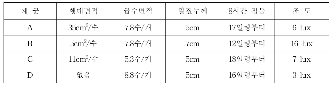 횃대면적, 급수면적, 깔짚두께, 점등시간 및 조도측정 결과