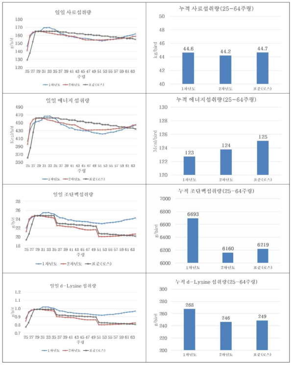 사료, 에너지, 조단백질 및 라이신 섭취량 비교