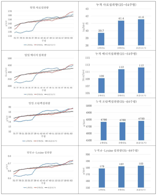 수탉의 사료, 에너지, 조단백질 및 라이신 섭취량 비교