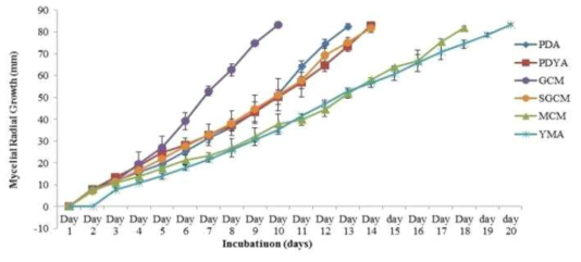 배지종류별 G. lucidum (Korea-7071)의 균사생장(28°C 배양)
