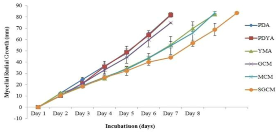 배지종류별 G. lucidum (China-7105)의 균사생장(28°C 배양)