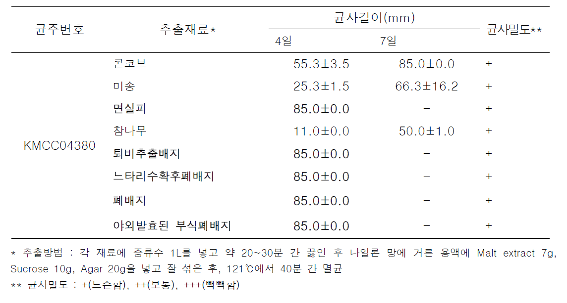 배지종류에 따른 풀버섯 ‘KMCC04380’ 균주의 균사생장길이 및 밀도 2