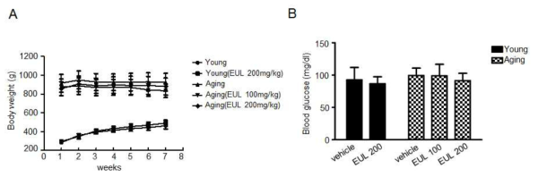 Body weight and fasting glucose level in aging-induced hepatic functional damage. Results are means±SD from 3 separate experiments