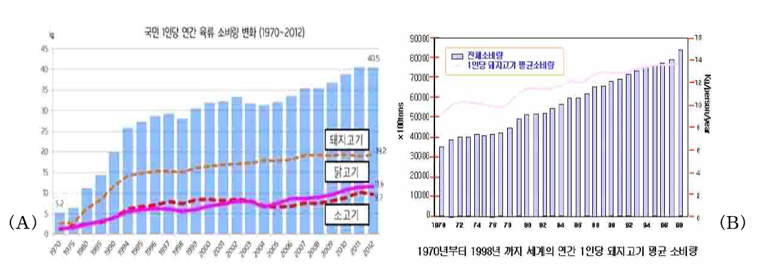 (A) 대한민국 국민 1인당 연간 돈육 소비량 변화 및 (B) 세계 1인당 돼지고기 소비량 변화