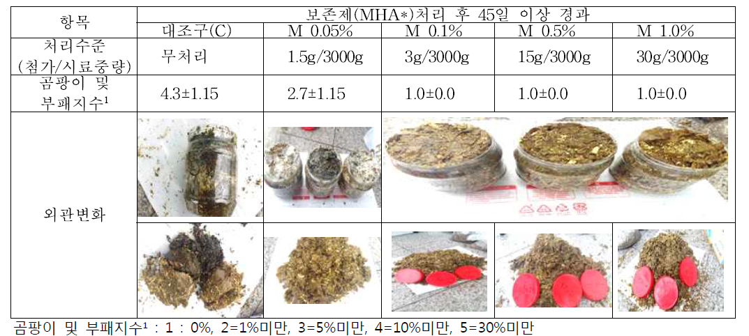 누에뽕의 보존성 증진을 위한 MHA 첨가수준별 외관적 변화