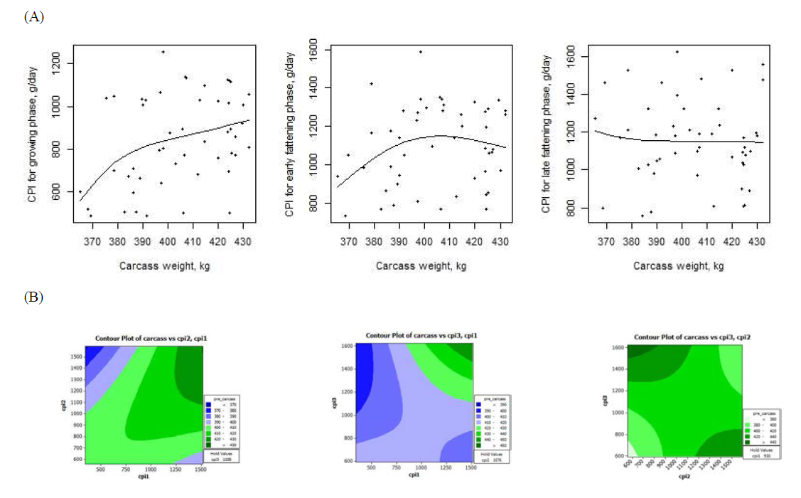 Relationship between the predicted crude protein (CP) intakes at growth stages and carcass weight (kg) from Hanwoo steers. (A) CP intake response according to carcass weight; (B) Contour plot for the interaction of crude protein intakes in different growth stage on carcass weight
