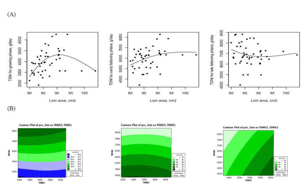 Relationship between the predicted total digestible nutrient (TDN) intakes at growth stages and loin area (cm2) from Hanwoo steers. (A) TDN intake response according to loin area; (B) Contour plot for the interaction of crude protein intakes in different growth stage on loin area