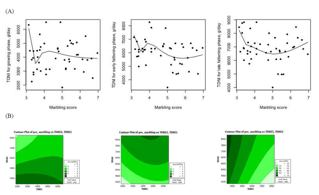 Relationship between the predicted total digestible nutrient (TDN) intakes at growth stages and marbling score from Hanwoo steers. (A) TDN intake response according to marbling score; (B) Contour plot for the interaction of crude protein intakes in different growth stage on marbling score