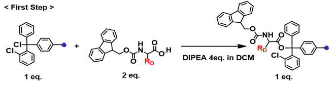 2-chlorotritylchloride 고체상 레진의 첫 번째 아미노산 합성 과정