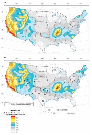 Maps showing Peak Ground Acceleration for 10-percent probability of exceedance in 50 years and Vs30 site condition of 760 m/sec. A and B are 2008 and 2014 version of the national seismic hazard maps, respectively (USGS, 2014)