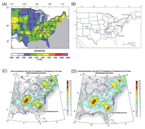 (A) A grid seismicity-rate model of the central and eastern U.S. (B) Location of fault sources (C) Peak Acceleration(%g) with 2% probablity of Exceedance in 50 years with a-grid source model and active fault sources (D) Peak Acceleration (%g) with 2% probablity of Exceedance in 50 years with a-grid source model, active fault sources and background zones