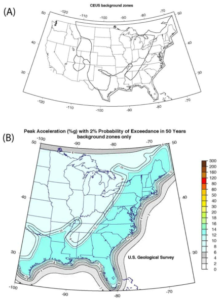 (A) Background source model in the central and eastern U.S. (B) Peak Acceleration(%g) with 2% probablity of Exceedance in 50 years with backgroud zones only