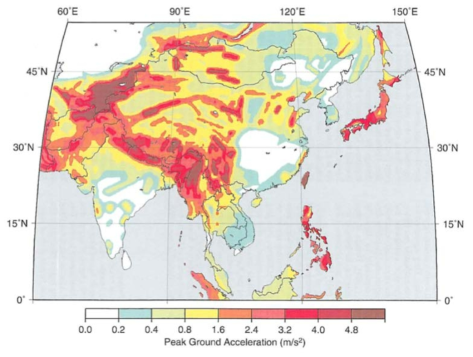 The seismic hazard map of Asia depicting Peak Ground Acceleration (PGA) given in units of m/s with a 10% chance of exceedance in 50 years. The site classification is rock (Zhang et al.,1999)