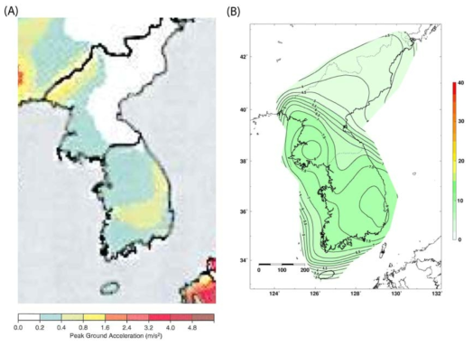 The seismic hazard map of Peak Ground Acceleration (PGA) given in units of m/s (A) and %g (B). It shows a 10% chance of exceedance in 50 years calculated by GSHAP( Zhang et al., 1999) (A) and this study (B)