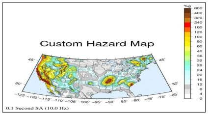 미국의 주파수별 지진위험도 지도(0.1 sec; 10 Hz)