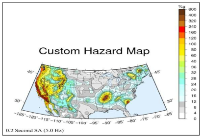 미국의 주파수별 지진위험도 지도(0.2 sec; 5 Hz)