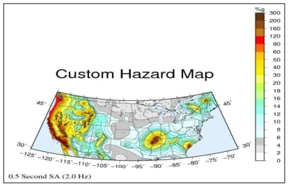 미국의 주파수별 지진위험도 지도(0.5 sec; 2 Hz)