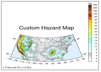 미국의 주파수별 지진위험도 지도(1 sec; 1 Hz)