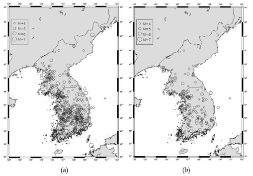 The epicentral distribution of historical earthquake catalogues for the period from A.D. 2 to 1904: (a) KMA (2012) and (b) KIGAM(2012)