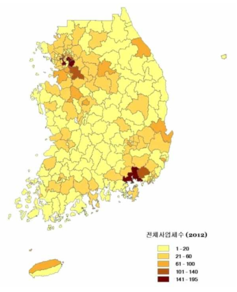 시군구별 방재사업체 개수(출처: 통계청, 전국사업체조사 통계정보 보고서 참고, 2015)