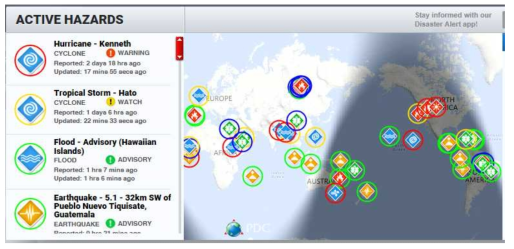 실시간 활동 중인 자연재해 지도(출처: PDC, http://www.pdc.org)