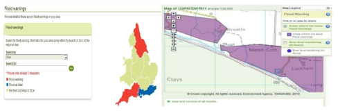 영국 환경청의 홍수경보 시스템과 홍수경보 발령지역 안내