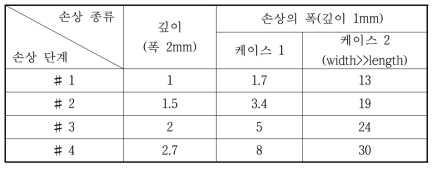 손상 모델 종류 및 단계 (단위: mm)