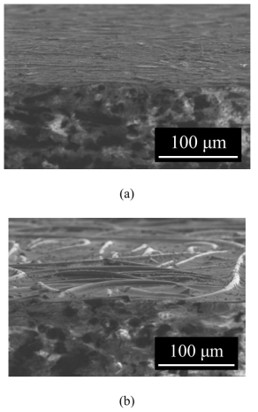 SEM 3 MPa로 제작된 복합재료 시편 이미지 by: (a) 일반 압축 금형으로 제작된 복합재료; (b) soft layer method로 제작된 복합재료