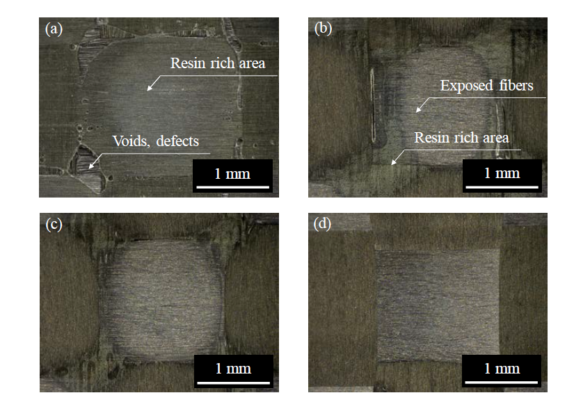 Surface of the 3k fabric composite specimen at the center fabricated by: (a) conventional compression molding; (b) soft layer method (25 μm); (c) soft layer method (25 μm) and purging process; (d) soft layer method (150 μm) and purging process